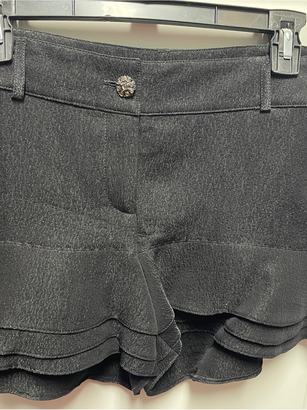 CHANEL Black Ruffle-Hem Skort with Crystal Button Accent